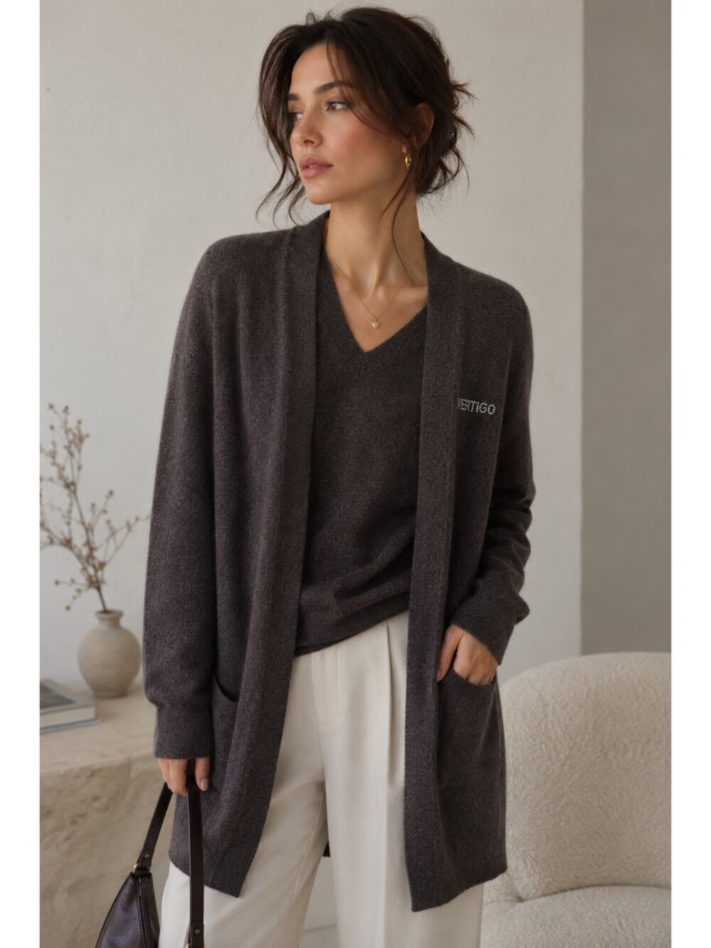 Vertigo Paris Angora Wool Blend Open Front Long Cardigan Sweater Brown XL Pocket